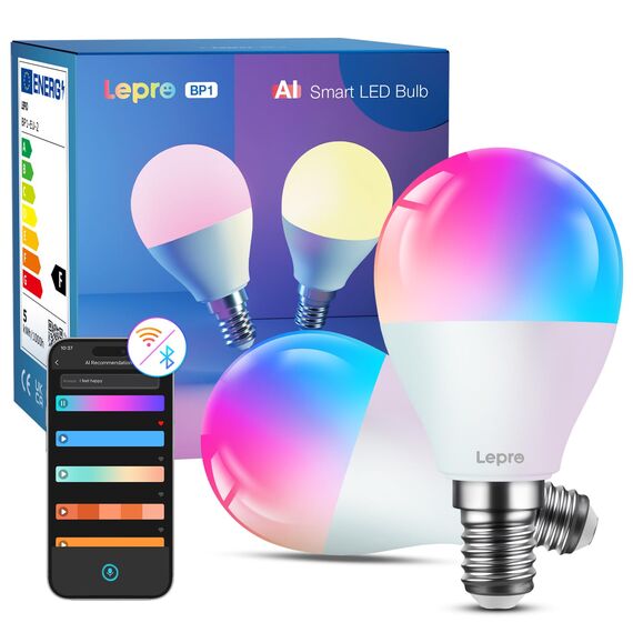 Lepro AI Smart Glühbirne BP1, G45 E14 LED Lampe Dimmbar 4.9W 470LM RGB+CCT, Personalisierter KI-Lichtdesigner mit Sprachsteuerung/Musik Sync, Kompatibel mit Alexa/Google, WiFi & Bluetooth, 2 Stück