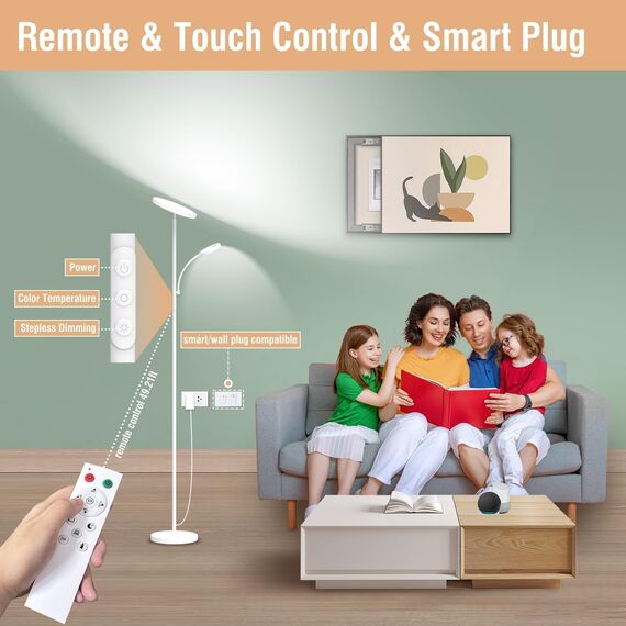 LED Stehlampe Wohnzimmer Dimmbar, 42W 3600LM Deckenfluter mit Leselampe, Fernbedienung & Touchsteuerung, 1-Minuten-Installation, Stehlampe Modern für Wohnzimmer, Büro, Esszimmer, Schlafzimmer(Weiß)