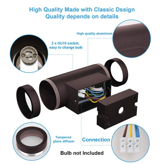 Klighten 2 Stück Aussenleuchte Aussenlampe Wand, GU10 Aluminium Up Down Außenwandleuchten, Wasserdichte IP65 Wandlampe Außen Wandleuchte Aussen für Garten Terrasse Eingang, ohne Leuchtmittel, Bronze