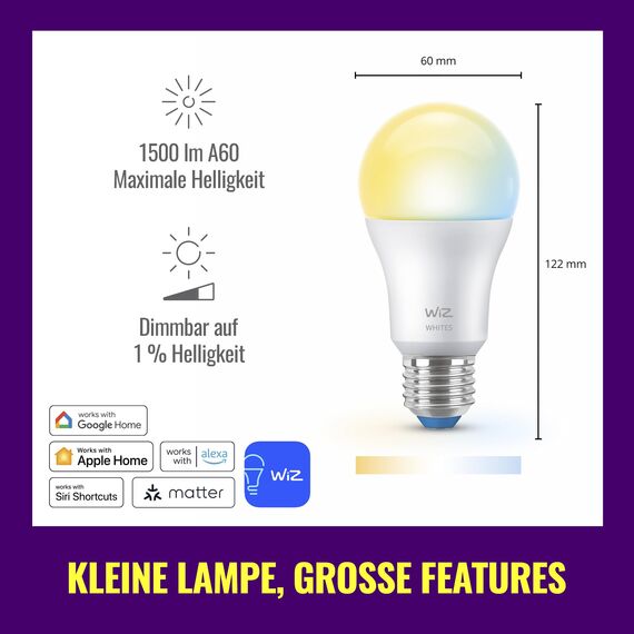 WiZ Smart LED A60-Lampe, Tunable White, E27-Sockel, 100 W, 1521 Lumen, dimmbar, funktioniert mit Alexa, Google Assistant, und Apple Home, 1er Pack