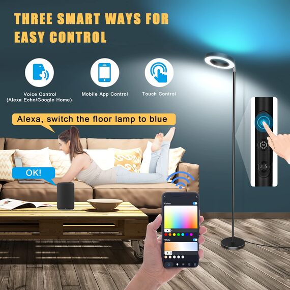 LED Stehlampe, 42W Superhelle 16 Millionen RGBCW Farbwechsel WiFi Smart Doppelseitige Wohnzimmer, Kompatibel mit Alexa/Google Home, Musik Sync, Stufenlos Dimmbare Leselampe für Schlafzimmer
