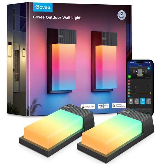 Govee Outdoor Wandleuchte RGBIC, 1500LM Smart LED Wandleuchte Aussen mit 45 Scene Modes, IP65 Wasserdicht für Wandlampe, DIY Wandleuchte, Funktioniert mit Alexa, Google Assistant und Matter, 2 Stück