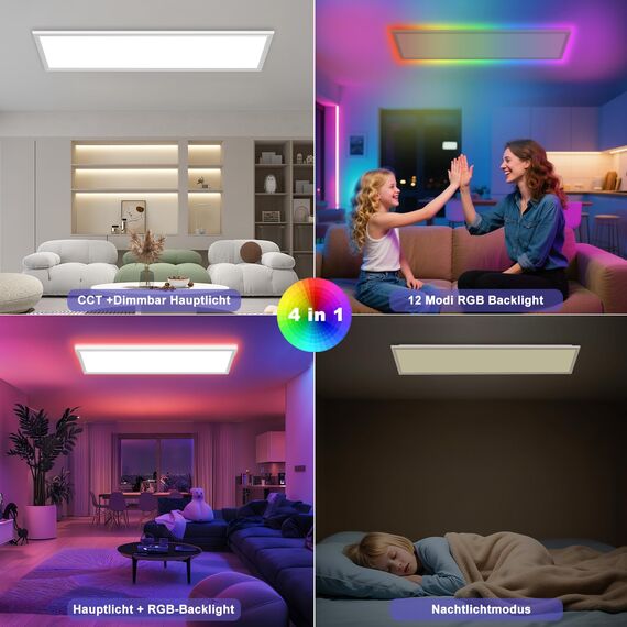 Deckenlampe Led Deckenleuchte Dimmbar Flach, 100x25CM RGB Backlight LED Panel Lampe Decke mit Fernbedienung Nachtlicht Timer 3000K-6500K 30W 2543LM für Wohnzimmer küche Schlafzimmer Tageslichtlampe