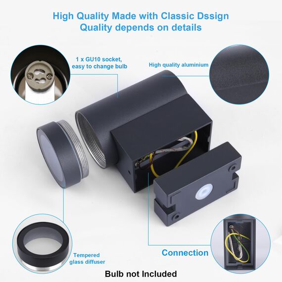 Klighten 2 Stück Aussen Wandleuchte, GU10 Downlight Wasserdichte IP65 Außenlampe Aussenleuchte Wand Aluminium Außenwandleuchten, Wandlampe für Garten Terrasse Eingang, Anthrazit, ohne Leuchtmittel