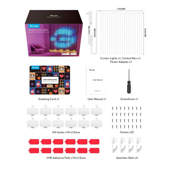 Govee Curtain Lights, 520 RGBIC LEDs Lichterkette, DIY Lichtmuster, Smart LED Vorhang 86+ Modi, Wasserfest, kompatibel mit Alexa für Weihnachten Christmas, Party Deko 2m x 1,5m (H x W)