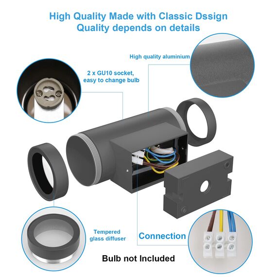 Klighten 2 Stück Aussenleuchte Aussenlampe Wand, GU10 Aluminium Up Down Außenwandleuchten, Wasserdichte IP65 Wandlampe Außen Wandleuchte Aussen für Garten Terrasse, ohne Leuchtmittel, Dunkelgrau