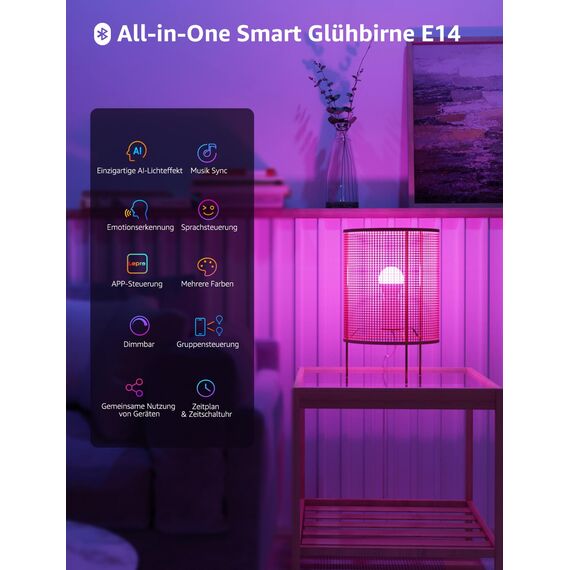 Lepro AI Smart Glühbirne BP1, G45 E14 LED Lampe Dimmbar 4.9W 470LM RGB+CCT, Personalisierter KI-Lichtdesigner mit Sprachsteuerung/Musik Sync, Kompatibel mit Alexa/Google, WiFi & Bluetooth, 4 Stück