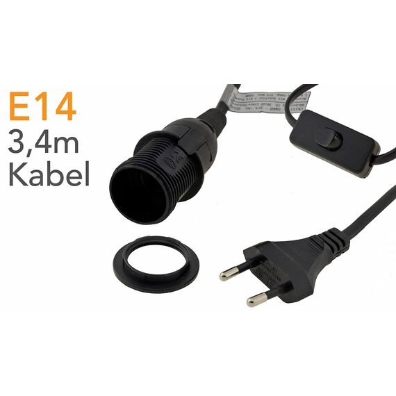 ChiliTec E14 Lampenfassung mit Schalter Fassung mit 3,4m Kabel Schnurschalter Lampenaufhängung Montagering für Lampenschirm Papier Leuchten Stern Lampen Schwarz