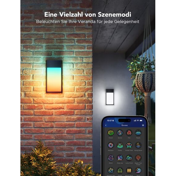 Govee Outdoor Wandleuchte RGBIC, 1500LM Smart LED Wandleuchte Aussen mit 45 Scene Modes, IP65 Wasserdicht für Wandlampe, DIY Wandleuchte, Funktioniert mit Alexa, Google Assistant und Matter, 2 Stück