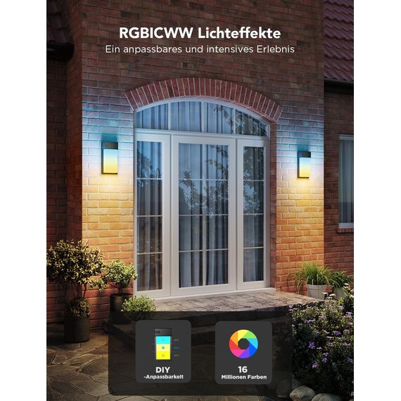 Govee Outdoor Wandleuchte RGBIC, 1500LM Smart LED Wandleuchte Aussen mit 45 Scene Modes, IP65 Wasserdicht für Wandlampe, DIY Wandleuchte, Funktioniert mit Alexa, Google Assistant und Matter, 2 Stück