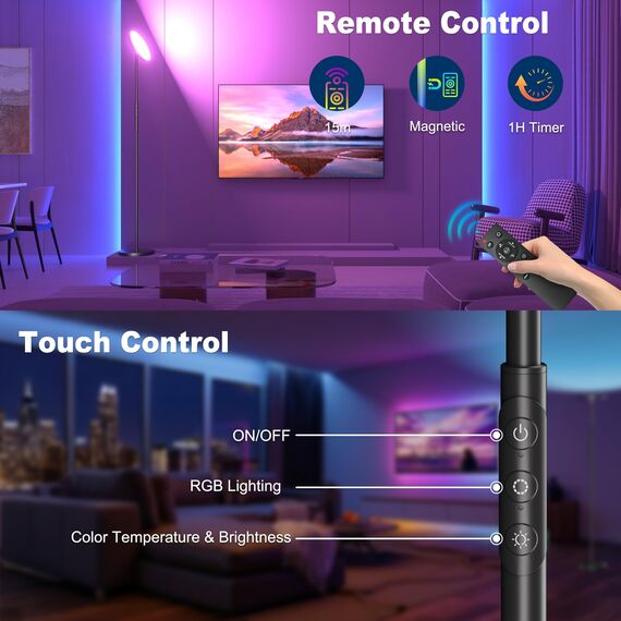 LED RGB Stehlampe, 3000LM 36W Helles Stehleuchte & RGB Farbwechsel Lampe, Moderne LED Deckenfluter mit Fernbedienung & Touch-Steuerung, Stufenlos Dimmbare Standleuchte für Wohnzimmer Schlafzimmer Büro
