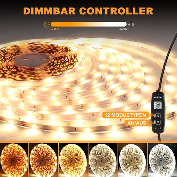 TENDIST Led Strip Weiß Dimmbar, 3000K-6500K Warmweiß bis Kaltweiß 24V Led Streifen Selbstklebend mit Fernbedienung, Smart App and Controller Function (‎Warmweiß 3000k Kaltweiß 6500k, 20M)