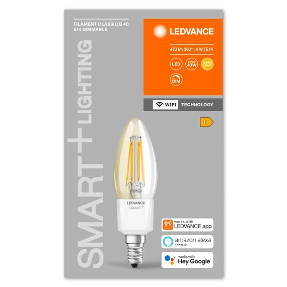LEDVANCE Smarte LED-Lampe mit Wifi Technologie, Sockel E14, Dimmbar, Warmweiß (2700K), Kerzenform, Klares Filament, Ersatz für herkömmliche 40W-Glühbirnen, steuerbar mit Alexa, Google & App, 4er-Pack