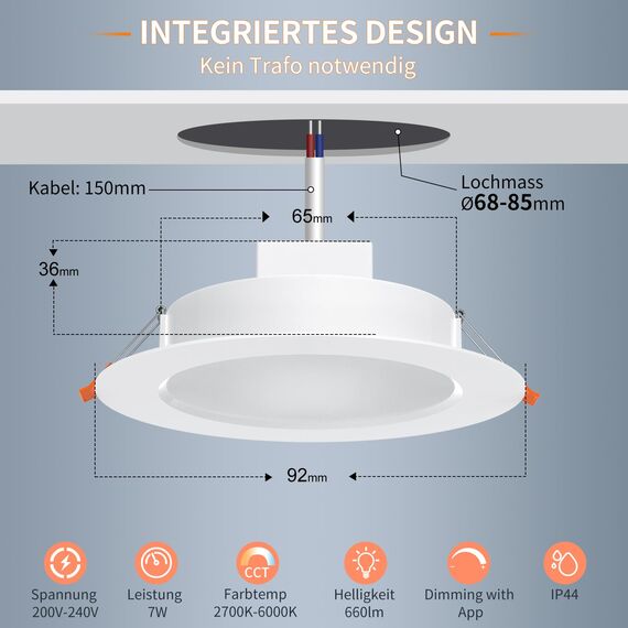 DUSKTEC Einbaustrahler LED Smart, LED Spots 230V 7W Dimmbar mit APP, Deckenspots Warm und Kaltweiss 2700K-6000K, Kompatibel mit Alexa, Spots Deckenleuchte, Einbauleuchten Decke 68mm für Bad 6er Set