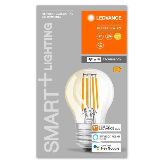 LEDVANCE Smarte LED-Lampe mit Wifi Technologie, Sockel E27, Dimmbar, Warmweiß (2700K), Tropfenform, Klares Filament, Ersatz für herkömmliche 40W-Glühbirnen, steuerbar mit Alexa, Google & App, 4er-Pack