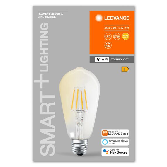 LEDVANCE Smarte LED-Lampe mit WiFi Technologie, Sockel E27, Dimmbar, Warmweiß (2700 K), ersetzt Glühlampen mit 60 W, SMART+ WiFi Filament Edison Dimmable, 1er-Pack SMART+ Filament Edison Dimmable