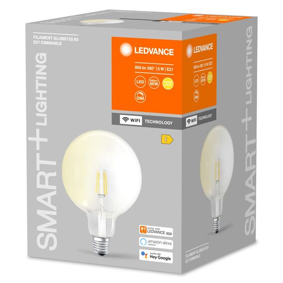 LEDVANCE Smarte LED-Lampe mit WiFi Technologie, Sockel E27, Dimmbar, Warmweiß (2400 K), ersetzt Glühlampen mit 60 W, SMART+ WiFi Globe Edison Dimmable, 4er-Pack