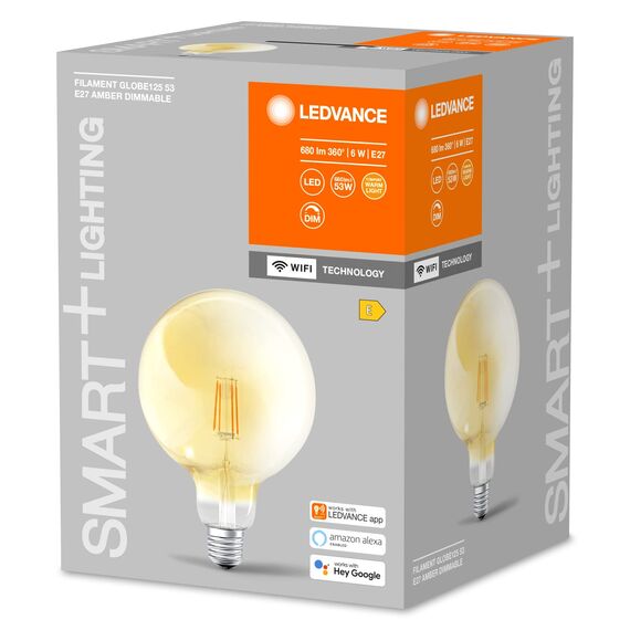 LEDVANCE Smart LED Lampe in Gold mit 6W, 2700K, E27, 125mmx178mm, mit Wifi Technologie, Leuchtmittel dimmbar Global-Form steuerbar über App und Sprachassistenten, 4er-Pack