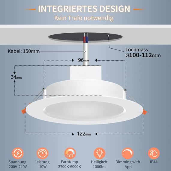DUSKTEC LED Einbaustrahler 230V Alexa, Smart LED Spots Dimmbar mit APP, Deckenspots Warmweiß und Kalt 10W 1000LM Bluetooth Handy Steuerung, Deckenstrahler 6er Set, IP44 Einbauspots für Bad