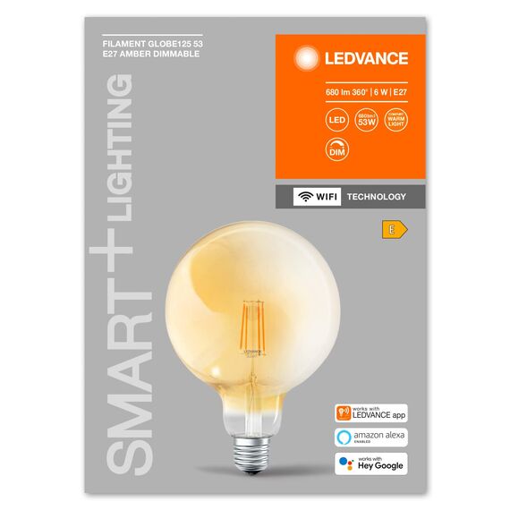 LEDVANCE Smart LED Lampe in Gold mit 6W, 2700K, E27, 125mmx178mm, mit Wifi Technologie, Leuchtmittel dimmbar Global-Form steuerbar über App und Sprachassistenten, 4er-Pack