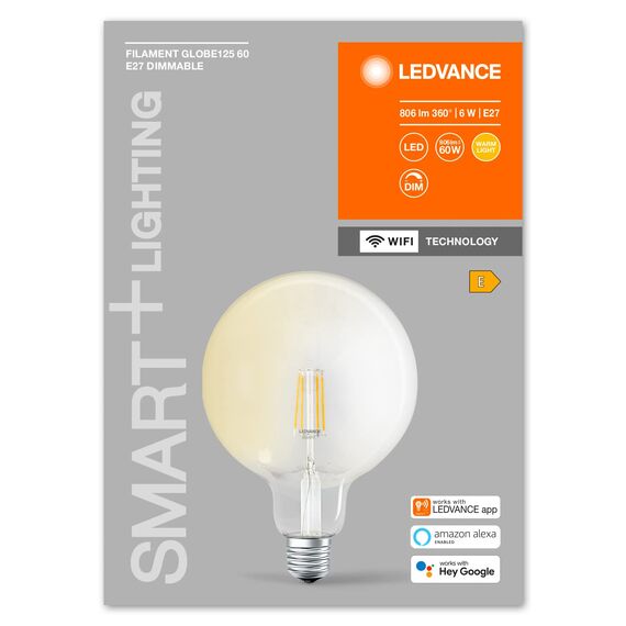 LEDVANCE Smarte LED-Lampe mit WiFi Technologie, Sockel E27, Dimmbar, Warmweiß (2400 K), ersetzt Glühlampen mit 60 W, SMART+ WiFi Globe Edison Dimmable, 4er-Pack