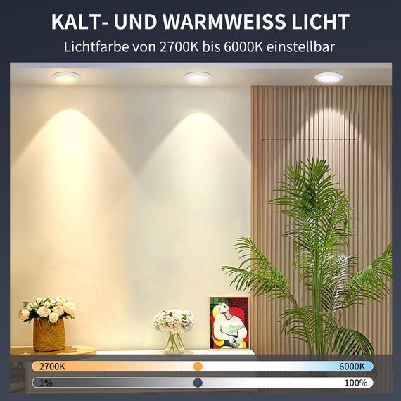 DUSKTEC Einbaustrahler LED Smart, LED Spots 230V 7W Dimmbar mit APP, Deckenspots Warm und Kaltweiss 2700K-6000K, Kompatibel mit Alexa, Spots Deckenleuchte, Einbauleuchten Decke 68mm für Bad 6er Set