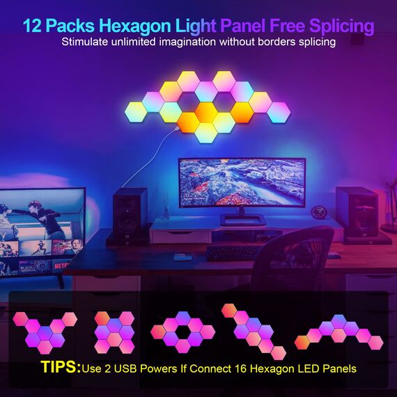 KIMIMARA Sechseckige LED-Wandleuchten – 12 Stück LED-Panels sechseckige Lichter Gaming RGB Paneele Synchron Musik Hexagone Panel Wand Licht für Gaming Zimmer