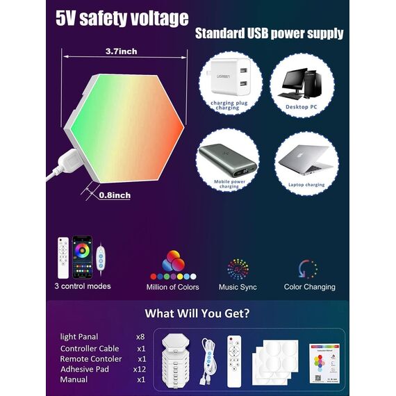 Hexagon LED Panel - RGB Smart Lights Sechseck Wandleuchten Gaming Wand Licht Musik Sync - 8 Pack Lichtpanels Gaming Stimmungslichter Deko