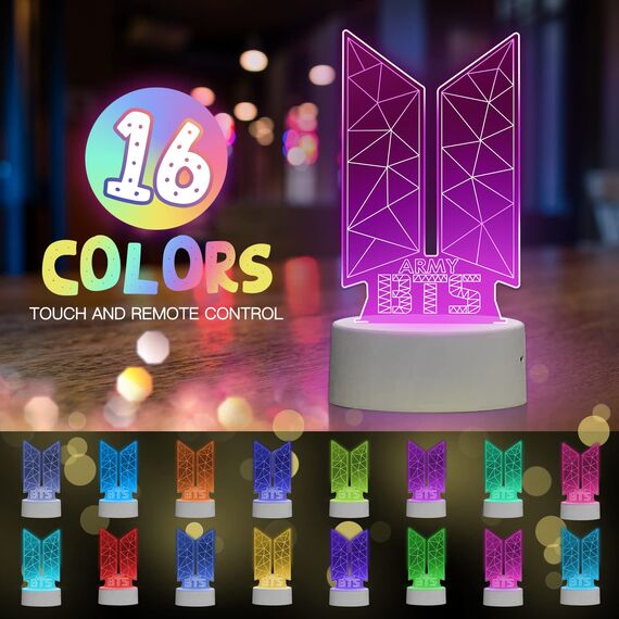 Eygerur Kpop BTS Nachtlicht für Kinder, BTS Geschenke Frauen, 3D LED Illusionslampen Mit Fernbedienung & Touch 16 Farben Nachttischlampe für Kinder Frauen BTS Fans