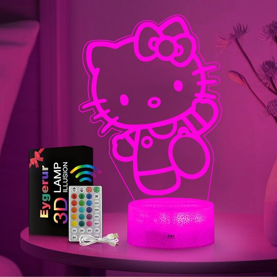 Eygerur Kitty Nachtlicht für Kinder - Kitty Lampe mit Timer, Kitty Spielzeug ab 2 3 4 5 6 7+ Jahre Jungen Mädchen Geschenke, 3D LED Nachttischlampe, 16 Farben Ändern mit Fernbedienung