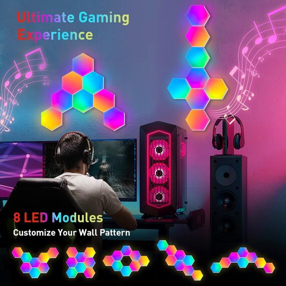 Hexagon LED Panel - RGB Smart Lights Sechseck Wandleuchten Gaming Wand Licht Musik Sync - 8 Pack Lichtpanels Gaming Stimmungslichter Deko