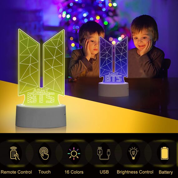 Eygerur Kpop BTS Nachtlicht für Kinder, BTS Geschenke Frauen, 3D LED Illusionslampen Mit Fernbedienung & Touch 16 Farben Nachttischlampe für Kinder Frauen BTS Fans