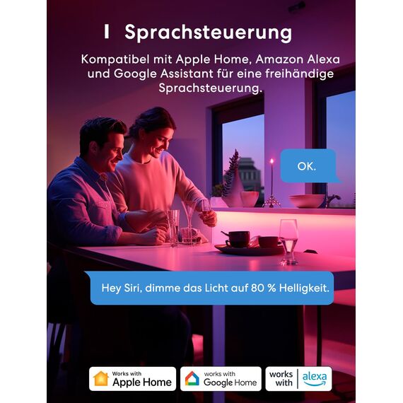 meross Led Strip 5m funktioniert mit Apple HomeKit, WLAN Led Streifen, Smart RGBWW Strip kompatibel mit Alexa und Google, für Zuhause, Party, Weihnachten