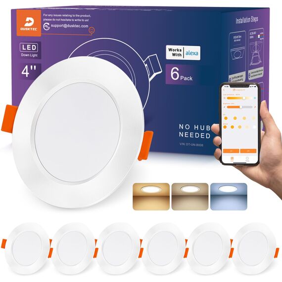 DUSKTEC LED Einbaustrahler 230V Alexa, Smart LED Spots Dimmbar mit APP, Deckenspots Warmweiß und Kalt 10W 1000LM Bluetooth Handy Steuerung, Deckenstrahler 6er Set, IP44 Einbauspots für Bad