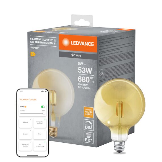 LEDVANCE Klassische Globe-Form mit Glühwendel-Design mit WiFi-Technologie, 6W, Warm weiß, E27, 1-er Pack