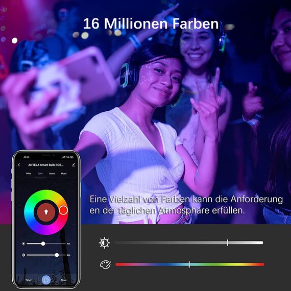 ANTELA Alexa Lampe WLAN Glühbirne E27, 9W LED RGB Birne, Warmweiß (2700K) Kaltweiß (6500K), APP Steuern Kompatibel mit Alexa, Google Home, 4 PCs