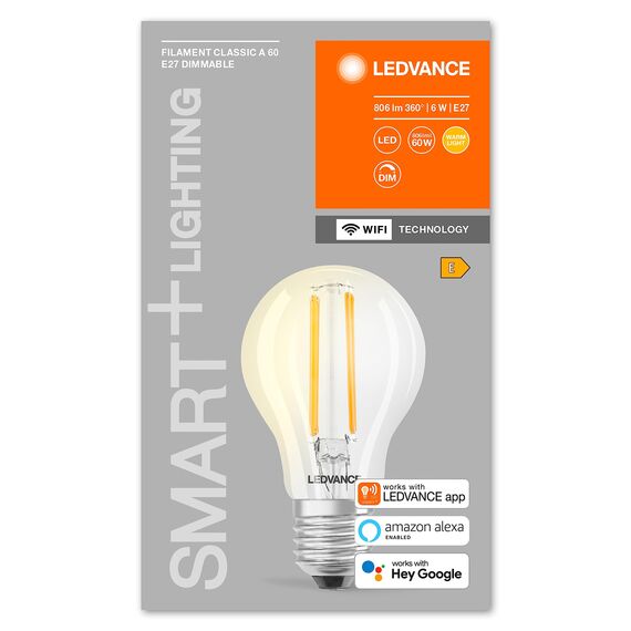 LEDVANCE Smarte LED-Lampe mit WiFi Technologie, Sockel E27, dimmbar, warmweiß (2700K), ersetzt Glühlampen mit 60W, steuerbar mit Alexa, Google Assistant und Samsung SmartThings, SMART+, 1er-Pack