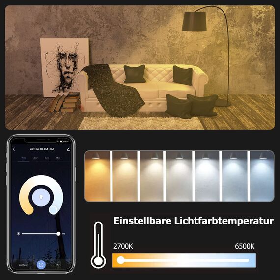 ANTELA Alexa Lampe WLAN Glühbirne E27, 9W LED RGB Birne, Warmweiß (2700K) Kaltweiß (6500K), APP Steuern Kompatibel mit Alexa, Google Home, 4 PCs