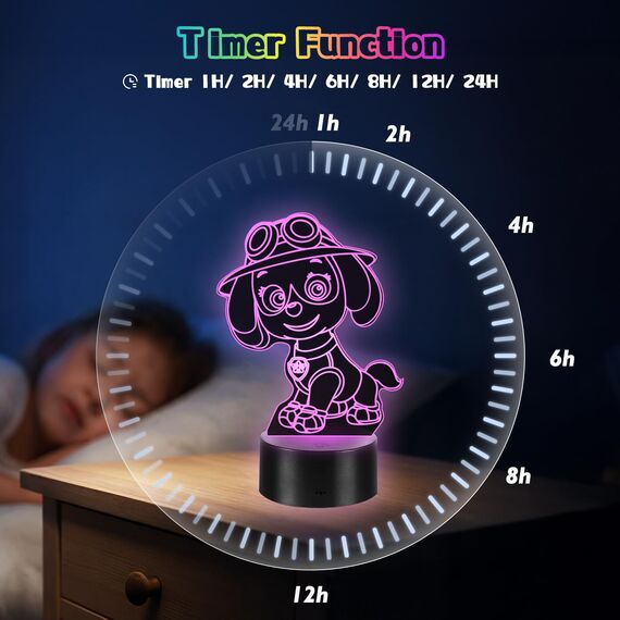 2 Stück Paw Dog Lampe mit Timer, Dog Patrol Geschenke, 3D LED Illusion 16 Farben Paw Dog Nachtlicht USB Smart Touch Fernbedienung Tischlampe Dog Licht für Kinderzimmer Dekoration Urlaub Geschenke