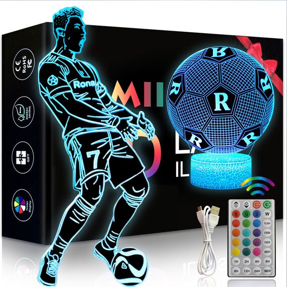 Eygerur 2er-Pack Portugal Fußballer Nr.7 Nachtlicht für Kinder, Fußball Geschenke Jungen, 3D LED Illusionslampen Mit Fernbedienung & Touch 16 Farben Nachttischlampe für Kinder Männer Ronaldo Fans