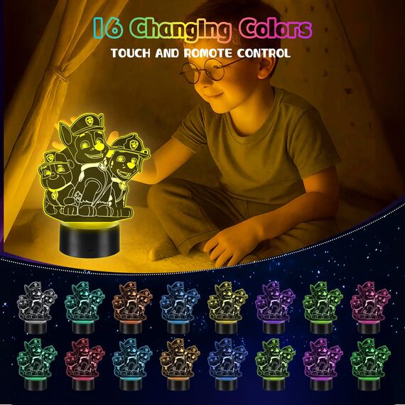 2 Stück Paw Dog Lampe mit Timer, Dog Patrol Geschenke, 3D LED Illusion 16 Farben Paw Dog Nachtlicht USB Smart Touch Fernbedienung Tischlampe Dog Licht für Kinderzimmer Dekoration Urlaub Geschenke