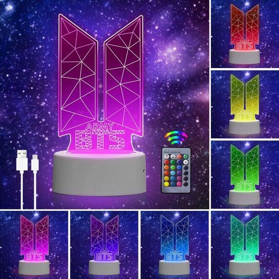 Eygerur Kpop BTS Nachtlicht für Kinder, BTS Geschenke Frauen, 3D LED Illusionslampen Mit Fernbedienung & Touch 16 Farben Nachttischlampe für Kinder Frauen BTS Fans