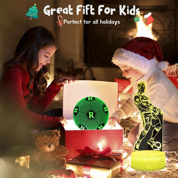 Eygerur 2er-Pack Portugal Fußballer Nr.7 Nachtlicht für Kinder, Fußball Geschenke Jungen, 3D LED Illusionslampen Mit Fernbedienung & Touch 16 Farben Nachttischlampe für Kinder Männer Ronaldo Fans