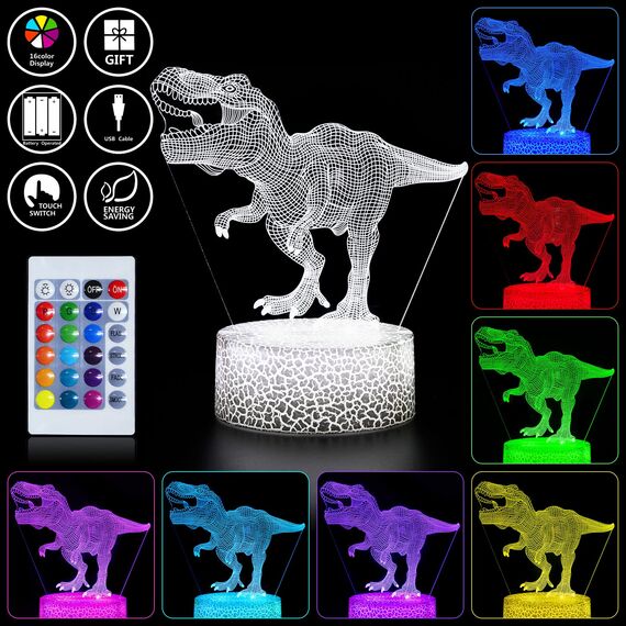 ZNZ 3D Lampe, LED Illusion Nachtlicht, 16 Farbwechsel 4 Models mit Remote & Smart Touch Stimmungslichter, Nachttischlampe Dinosaurier Geschenke für Männer Mädchen Jungen Kinder