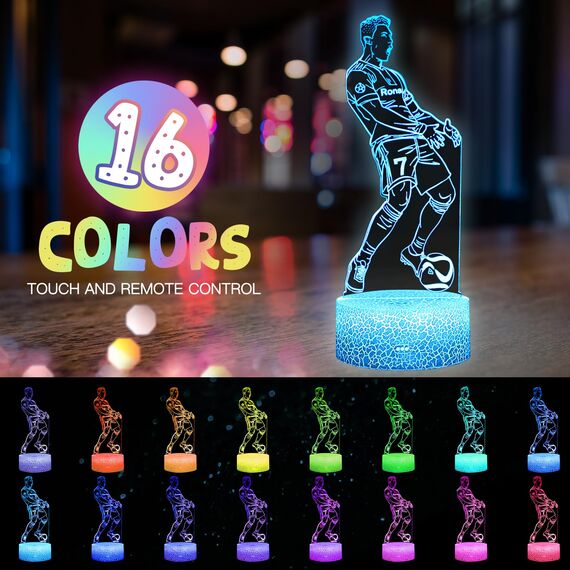 Eygerur 2er-Pack Portugal Fußballer Nr.7 Nachtlicht für Kinder, Fußball Geschenke Jungen, 3D LED Illusionslampen Mit Fernbedienung & Touch 16 Farben Nachttischlampe für Kinder Männer Ronaldo Fans