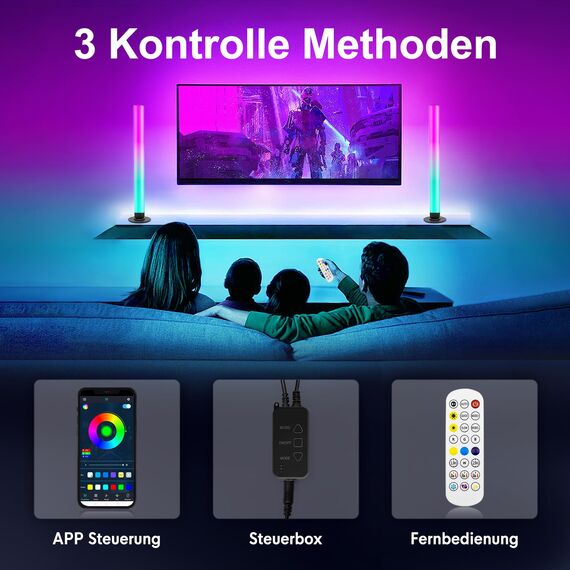 Smart LED Lightbar 2er Set, RGB Lampe TV Hintergrundbeleuchtung mit Multi-Modi und Dimmbare, Gaming LED Beleuchtung Sync mit Musik, APP und Fernbedienung für Gaming, Filme, PC, TV, Raumdekoration