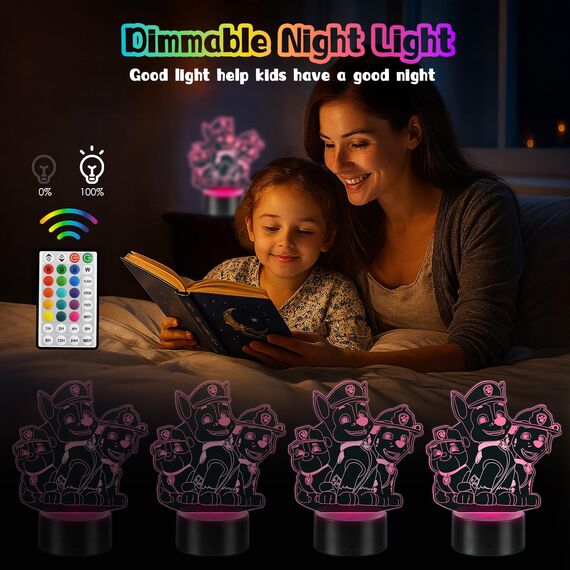 2 Stück Paw Dog Lampe mit Timer, Dog Patrol Geschenke, 3D LED Illusion 16 Farben Paw Dog Nachtlicht USB Smart Touch Fernbedienung Tischlampe Dog Licht für Kinderzimmer Dekoration Urlaub Geschenke