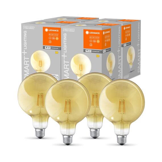 LEDVANCE Smart LED Lampe in Gold mit 6W, 2700K, E27, 125mmx178mm, mit Wifi Technologie, Leuchtmittel dimmbar Global-Form steuerbar über App und Sprachassistenten, 4er-Pack
