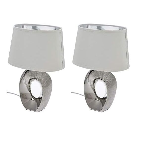 Reality Leuchten Taba R50511089 Tischleuchte, Keramik, Stoffschirm Weiß/Silberfarbig, Höhe 33cm (Packung mit 2)