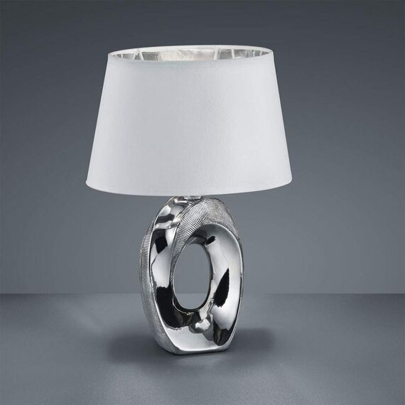 Reality Leuchten Taba R50511089 Tischleuchte, Keramik, Stoffschirm Weiß/Silberfarbig, Höhe 33cm